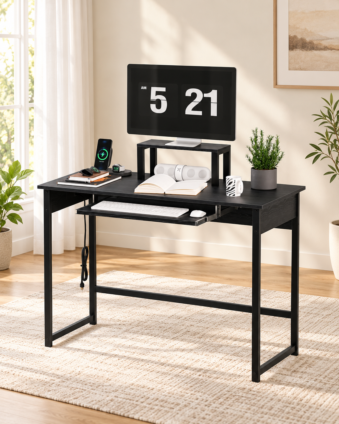 43.4-Inch Computer Desk with Monitor Stand and Keyboard Tray in a bright minimalist home office