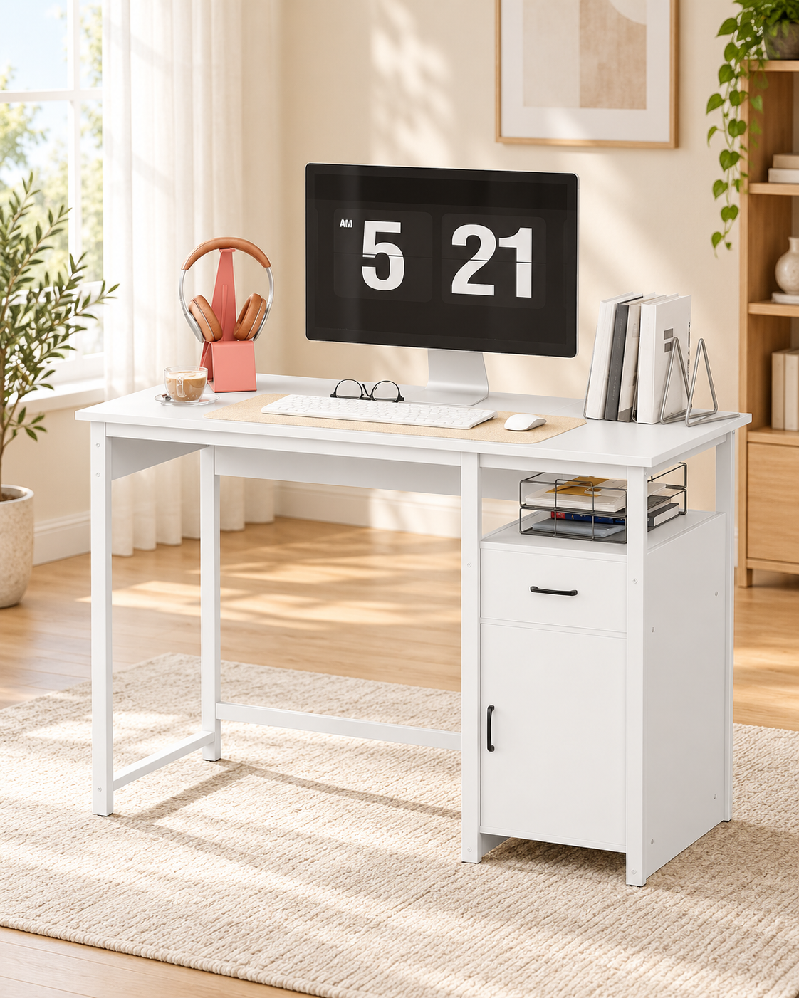 43.3-Inch Computer Desk with Drawer & Storage Cabinet in a bright minimalist home office