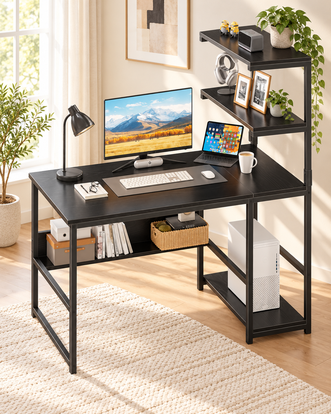 Computer Desk with 4-Tier Bookshelf for Home Office in a bright minimalist home office