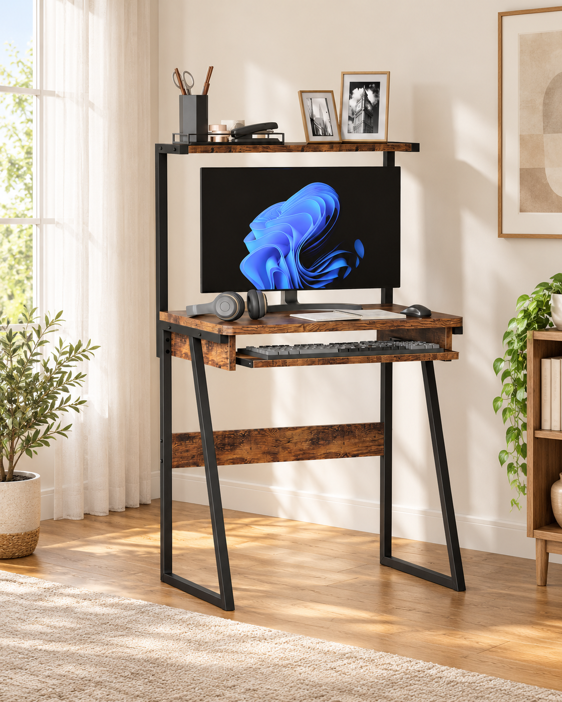 Industrial Computer Desk with Keyboard Tray and Storage Shelves in a bright minimalist home office