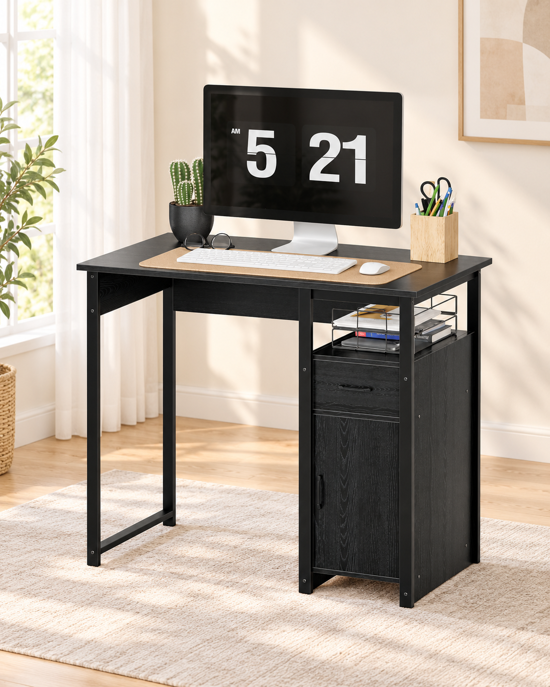 35.4-Inch Computer Desk with Drawer & Storage Cabinet in a bright minimalist home office