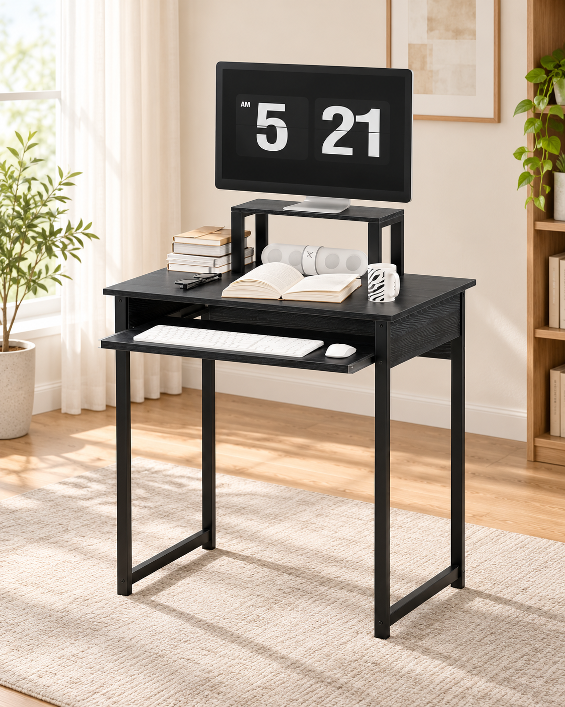 Compact Computer Desk with Monitor Stand and Keyboard Tray in a bright minimalist home office