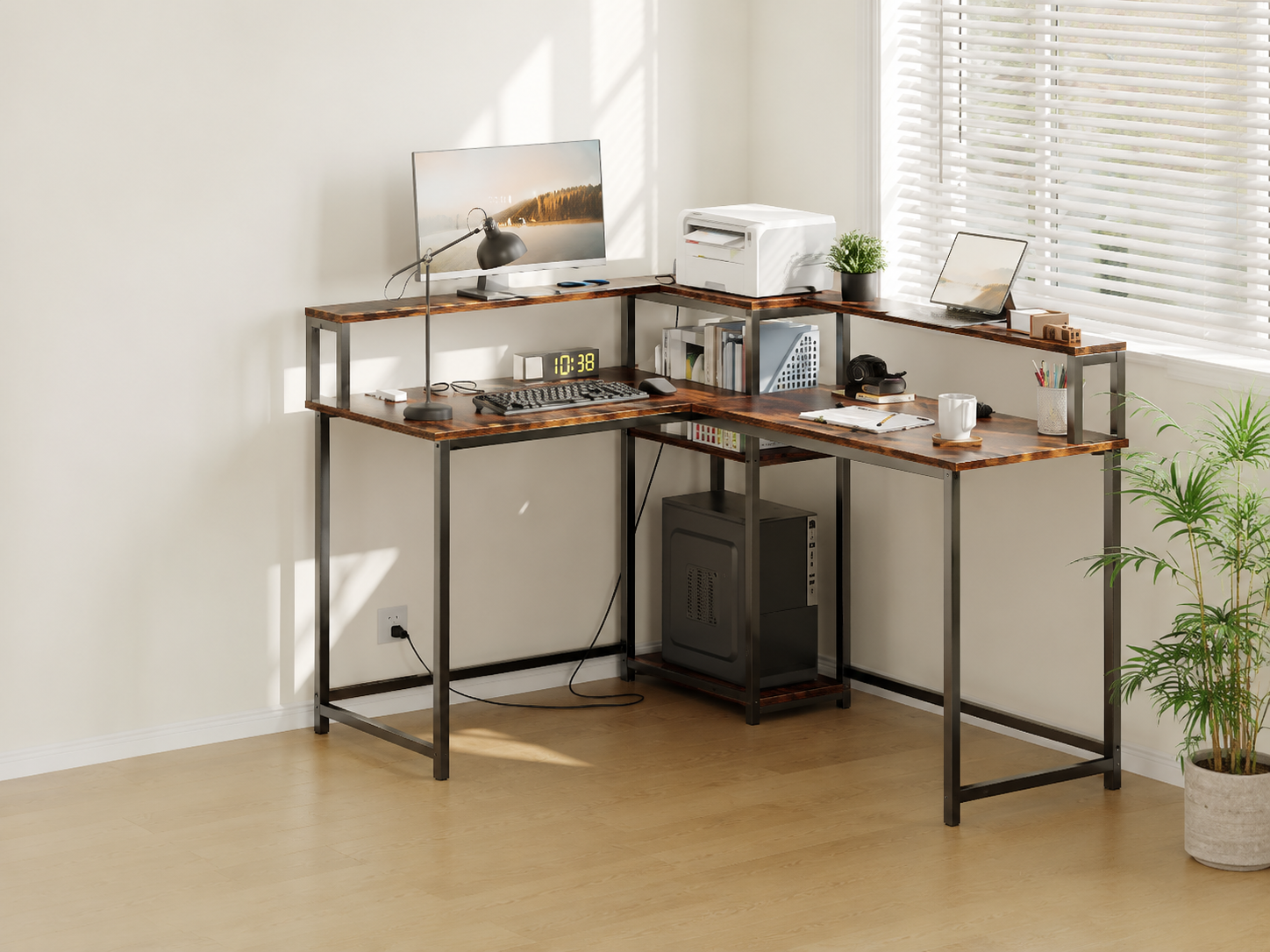 ALISENED brown L-shaped computer desk in a bright home office