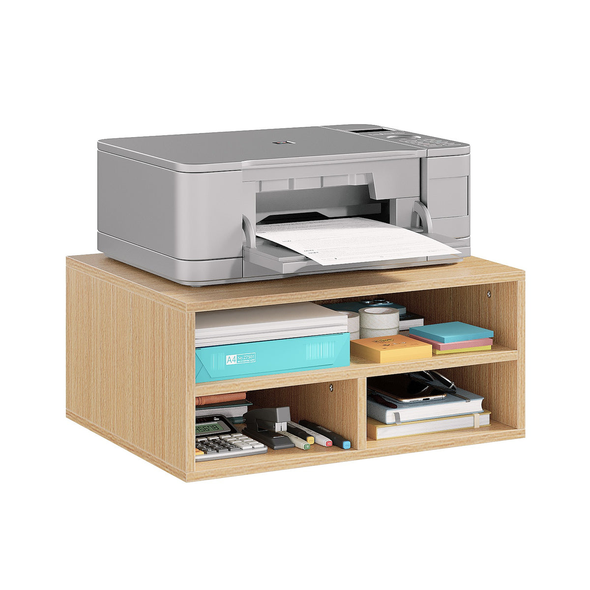 Desktop printer stand with three storage compartments in Natural Wood finish