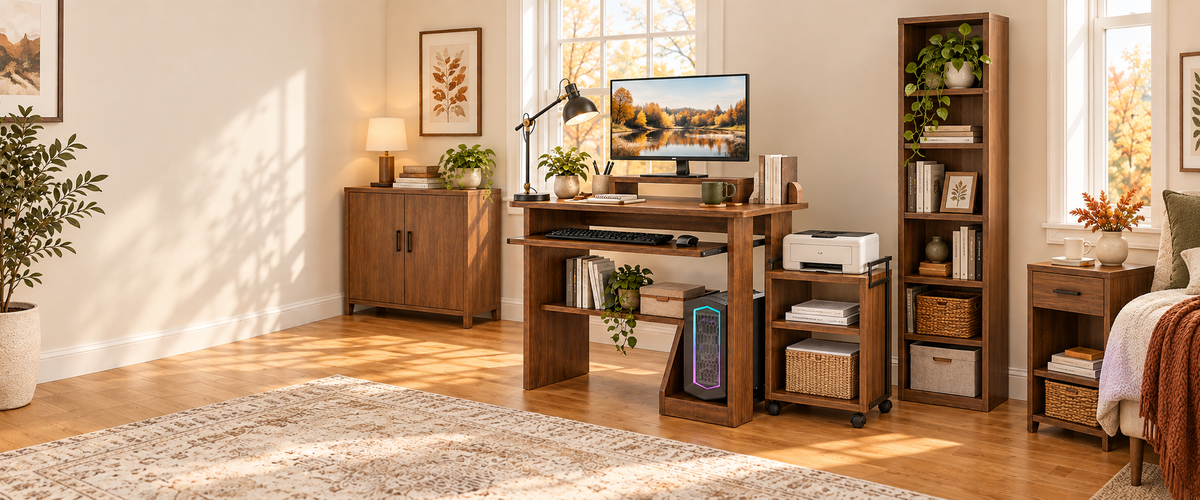 ALISENED Fall furniture collection in a warm American home office