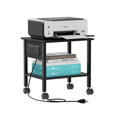 Black two-tier rolling printer stand with power outlets and USB ports