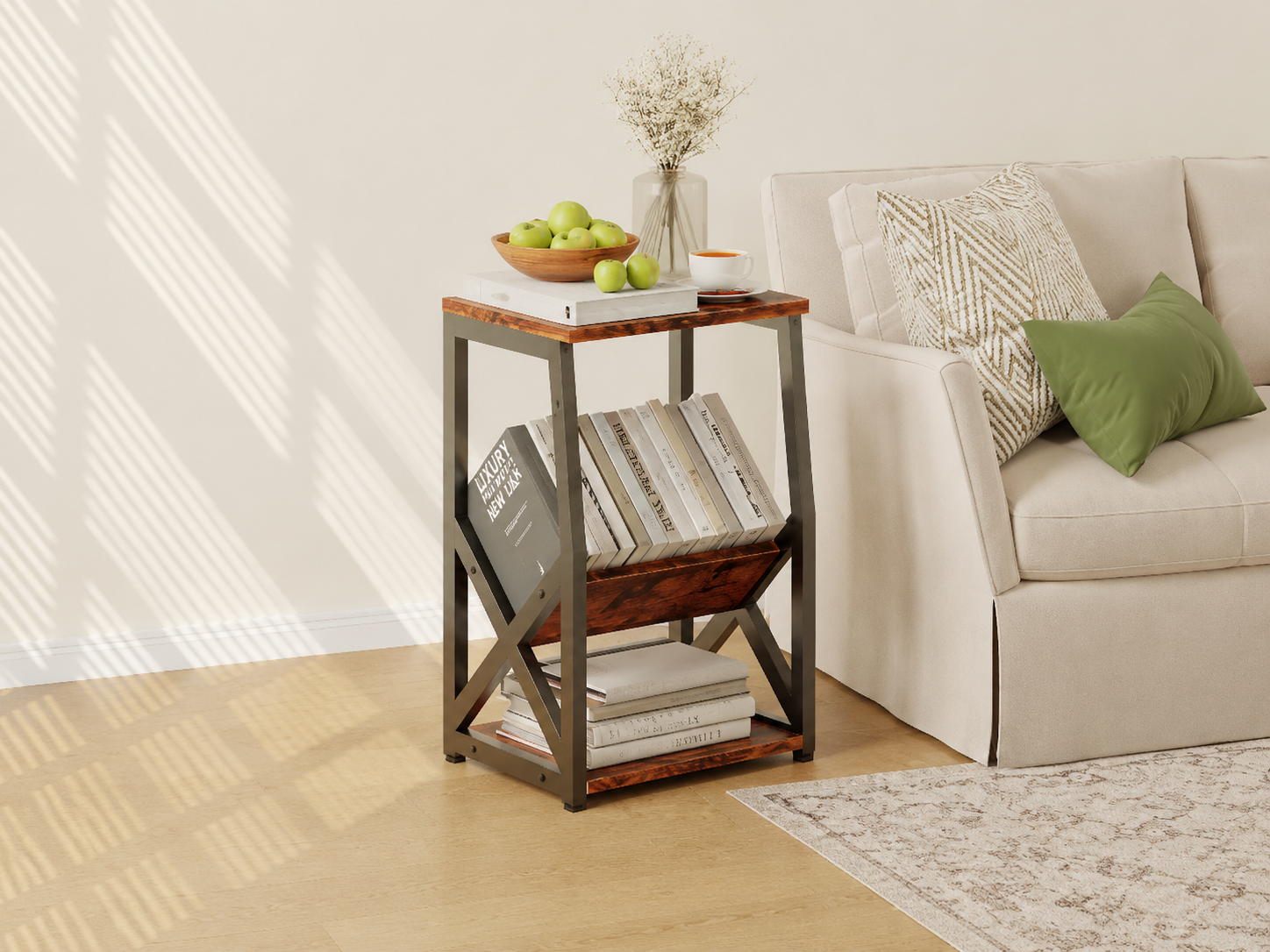 ALISENED narrow side table beside a beige sofa