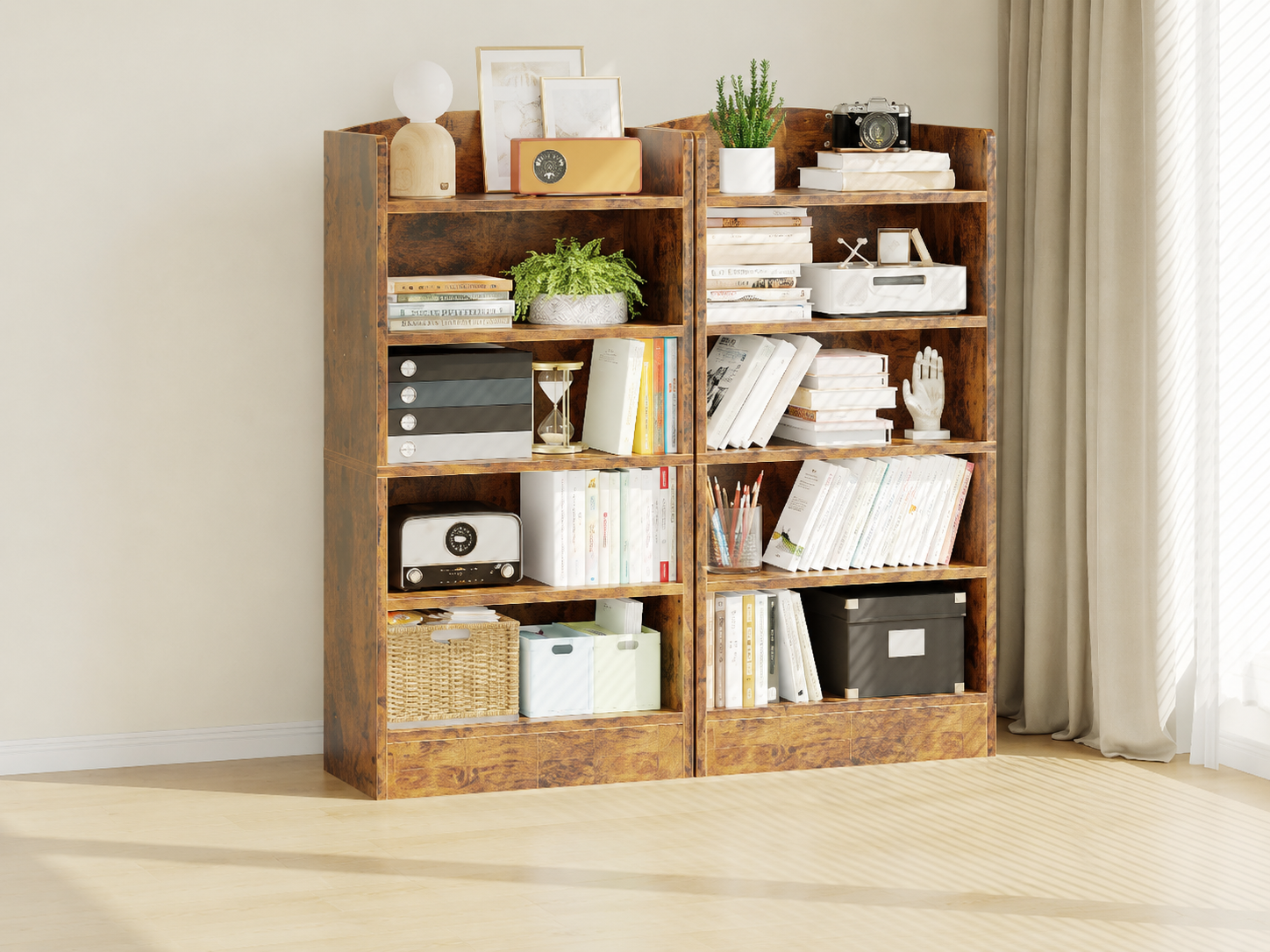 ALISENED rustic brown open storage racks in a bright room