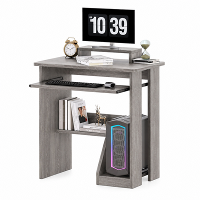 Compact computer desk in Gray Oak with monitor stand, keyboard tray and storage shelves