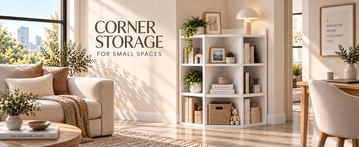 9-cube corner bookshelf in a bright living room