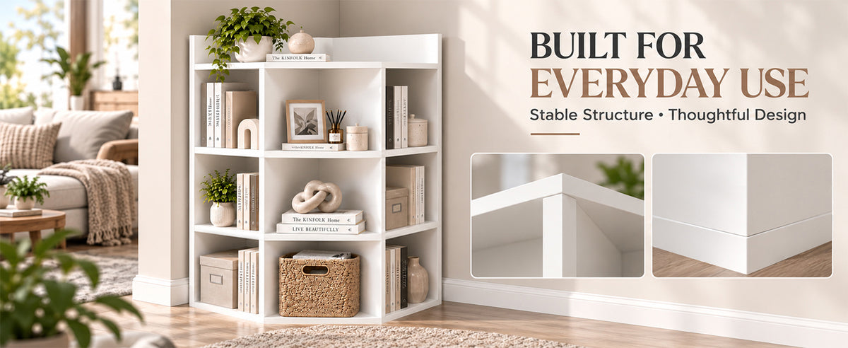 9-cube corner bookshelf in a bright living room