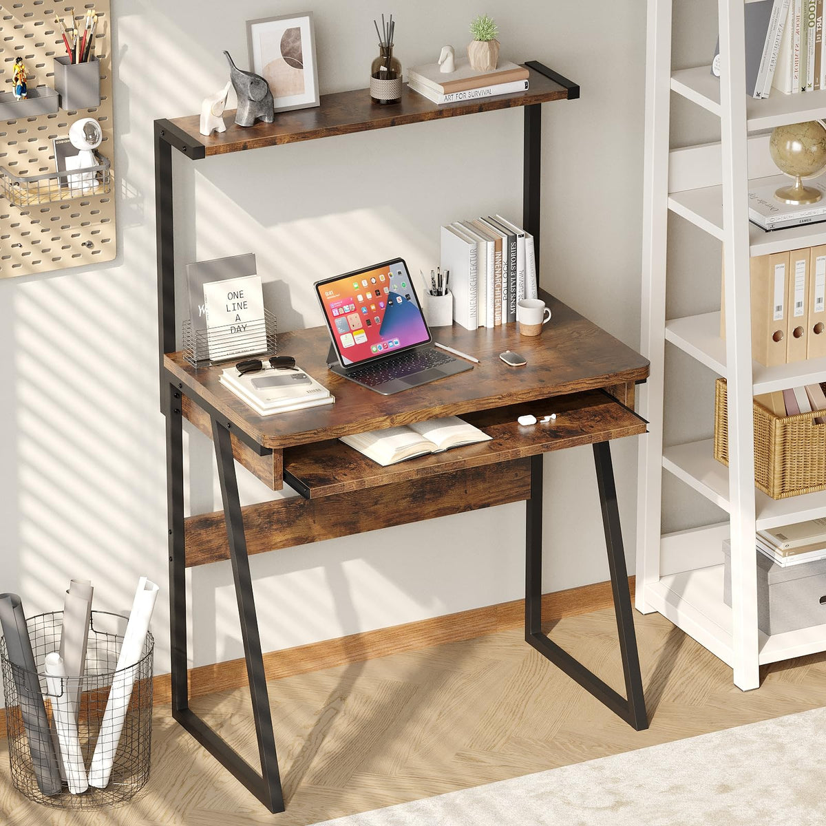 Industrial Computer Desk with Keyboard Tray and Storage Shelves