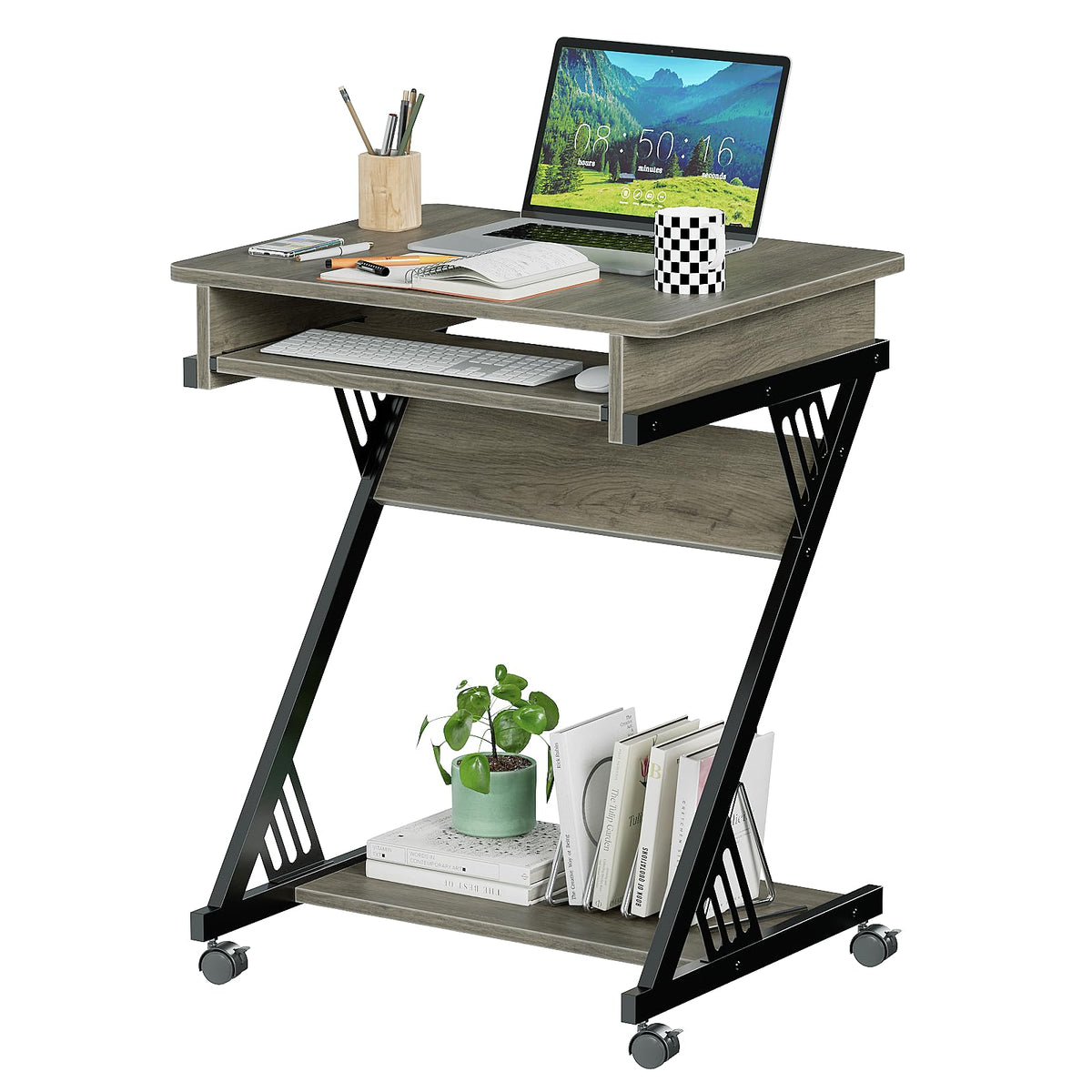 Rolling Computer Desk with Keyboard Tray and Storage Shelves