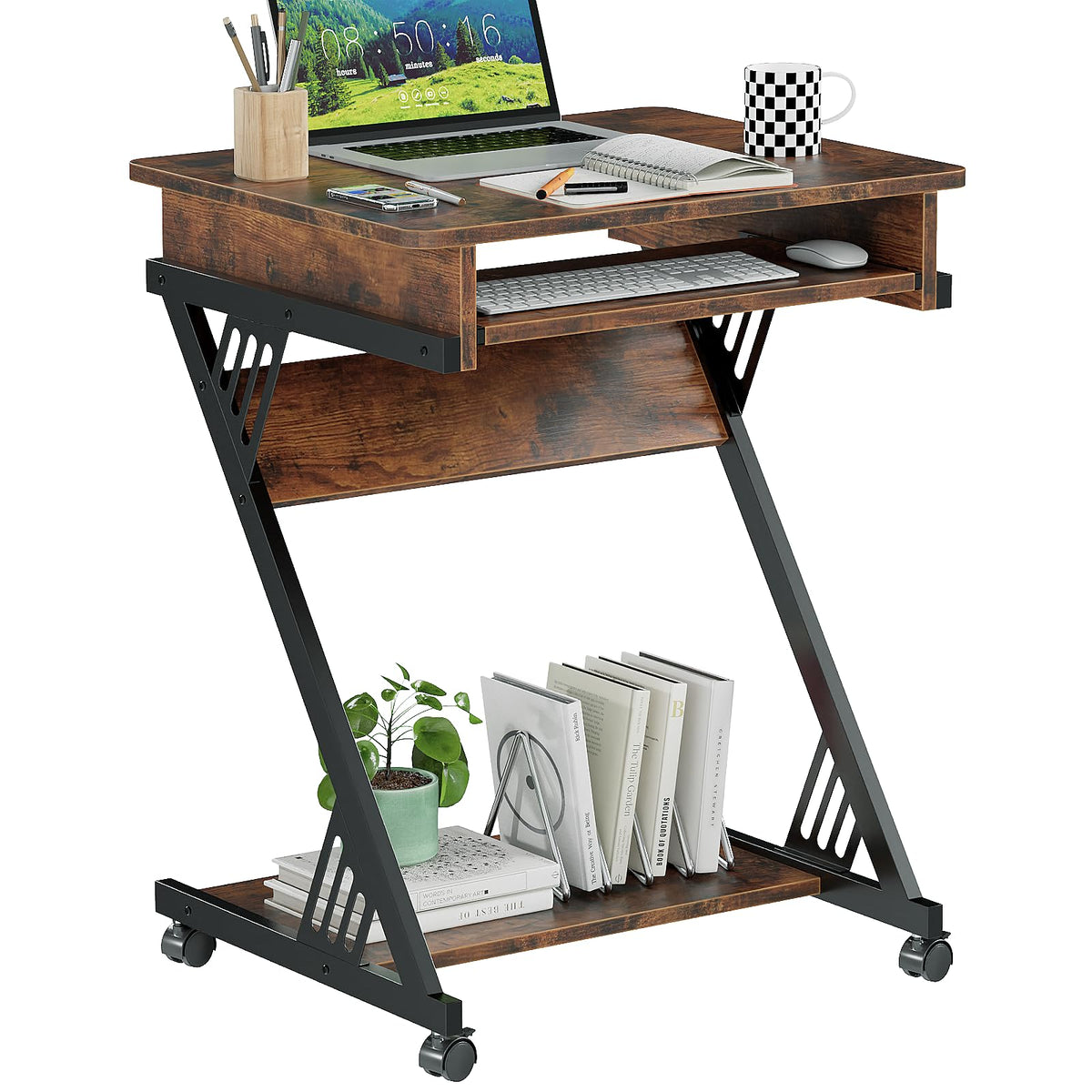 Rolling Computer Desk with Keyboard Tray and Storage Shelves