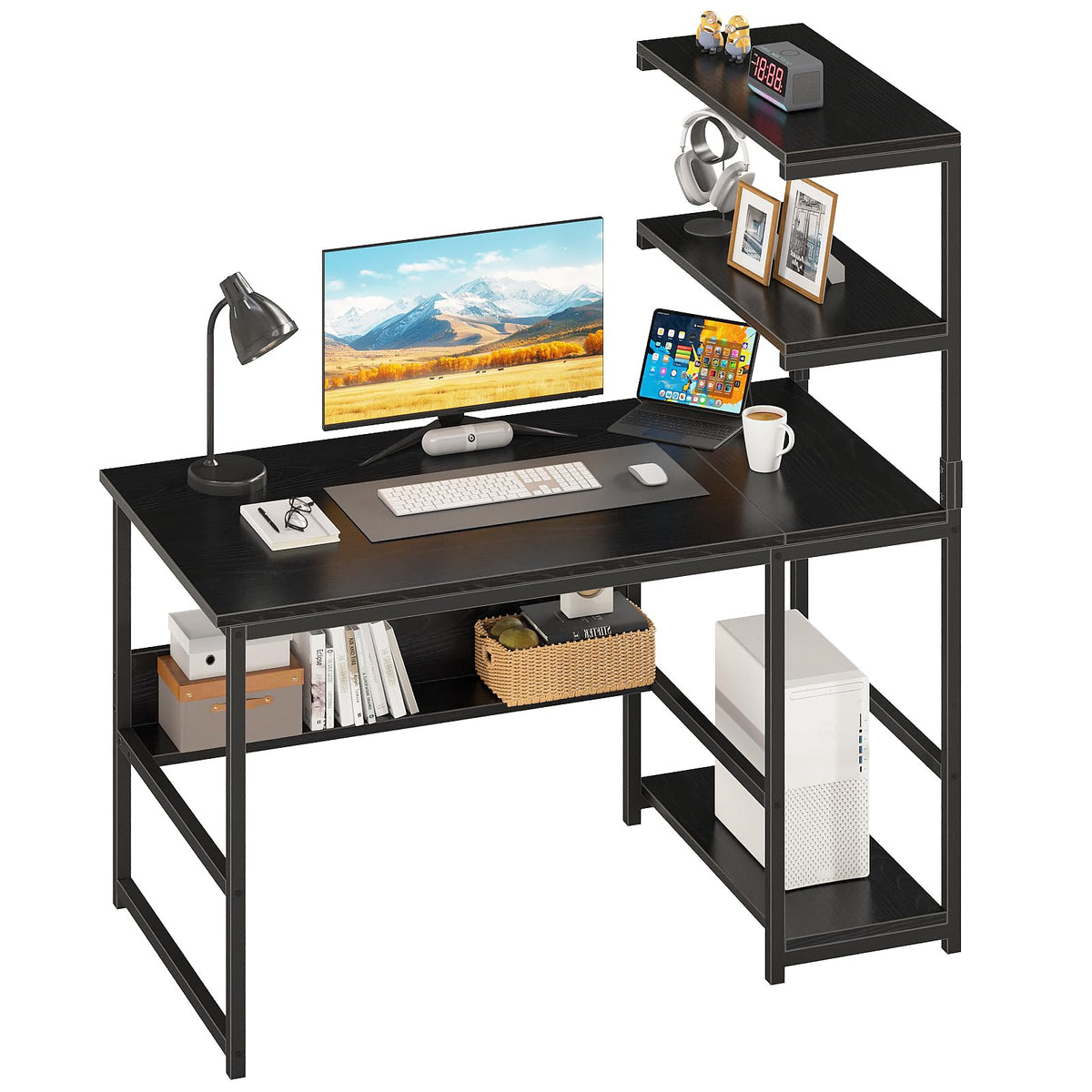 Computer Desk with 4-Tier Bookshelf for Home Office