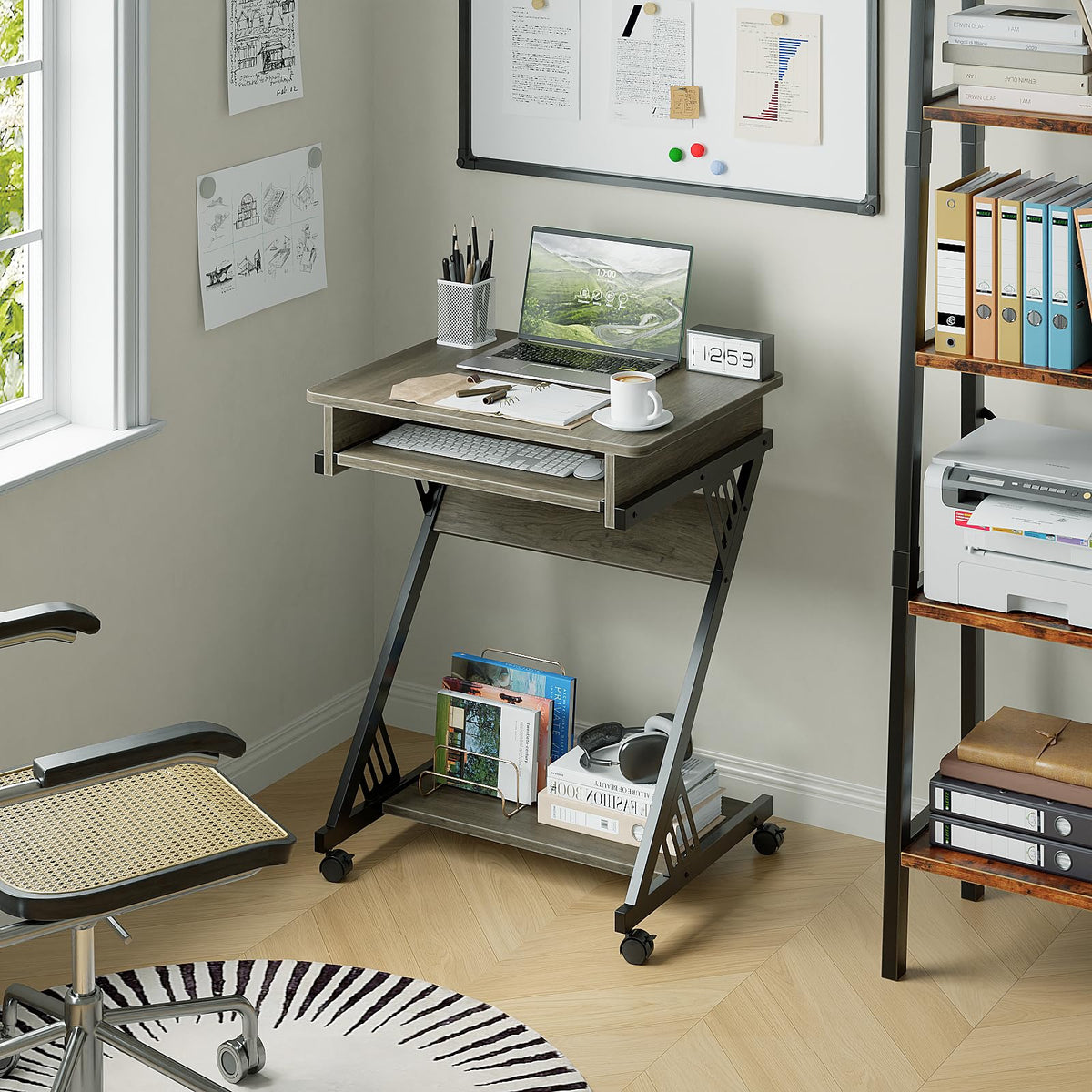 Rolling Computer Desk with Keyboard Tray and Storage Shelves