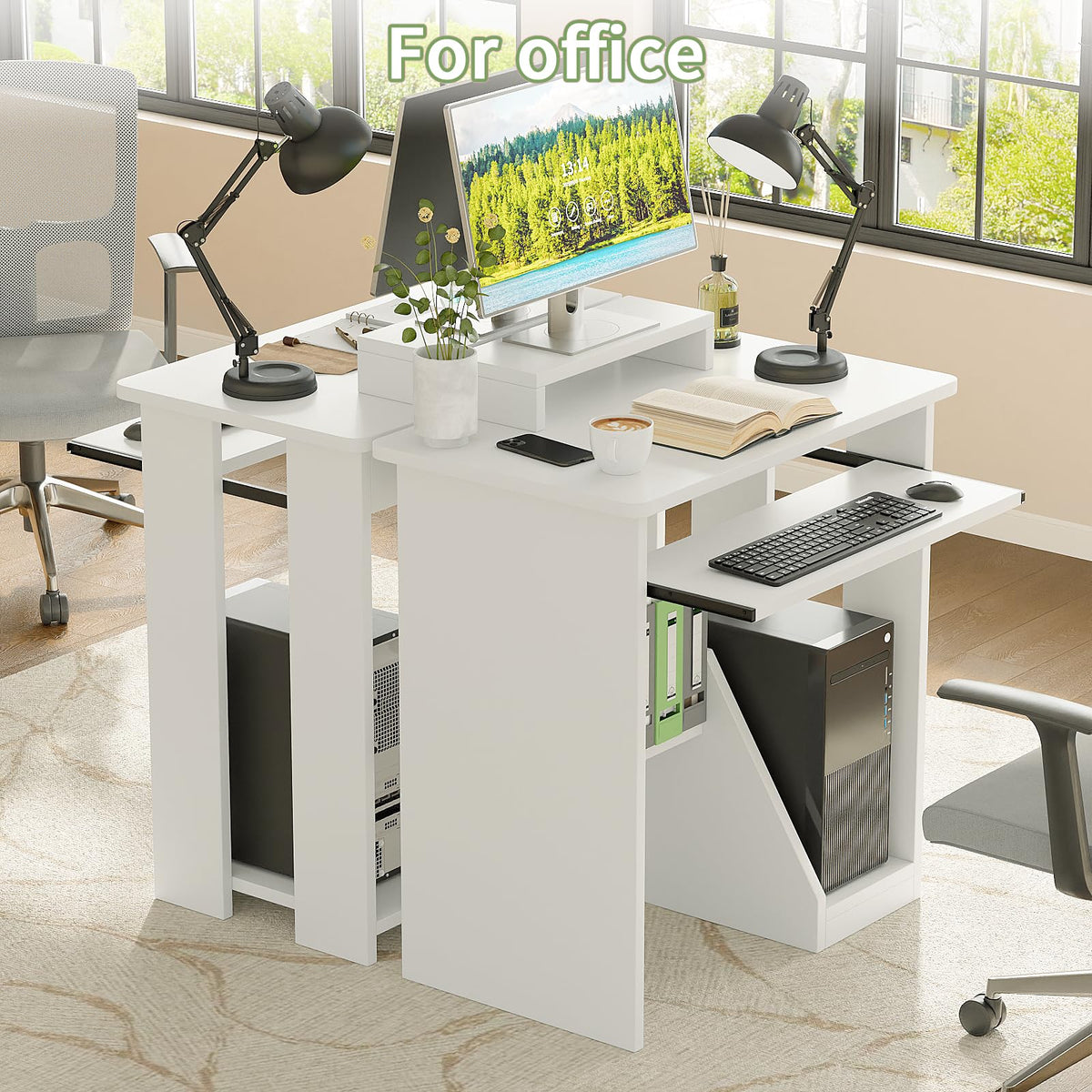 Compact Computer Desk with Monitor Stand, Keyboard Tray and Storage Shelves for Small Spaces
