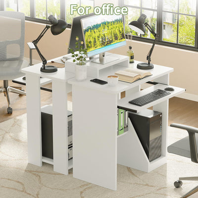 Compact Computer Desk with Monitor Stand, Keyboard Tray and Storage Shelves for Small Spaces