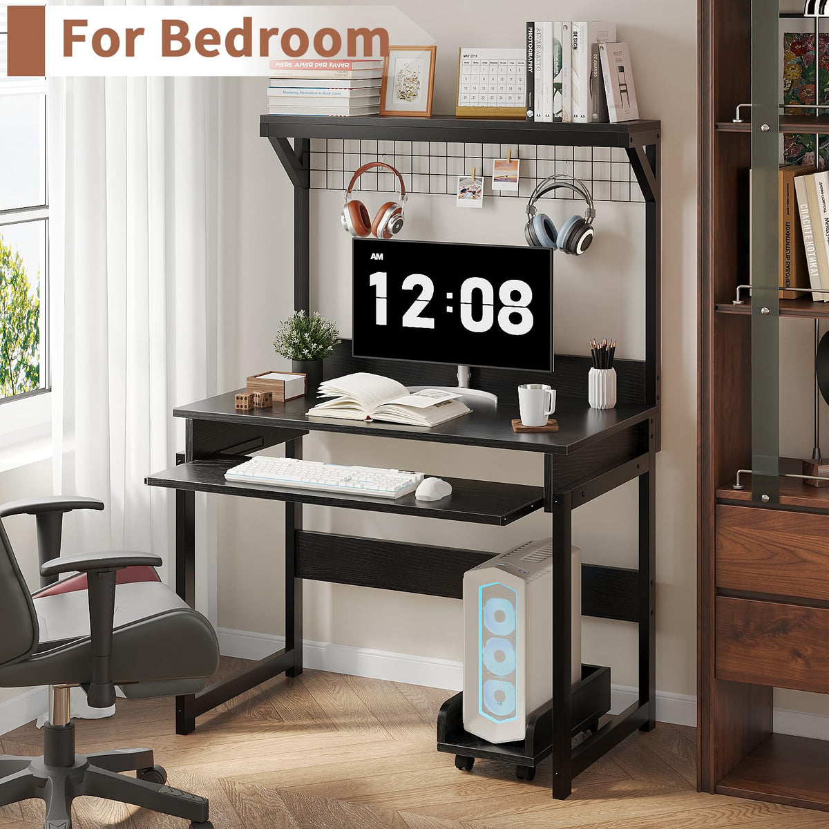 Compact Computer Desk with Hutch, Keyboard Tray and Storage Shelves