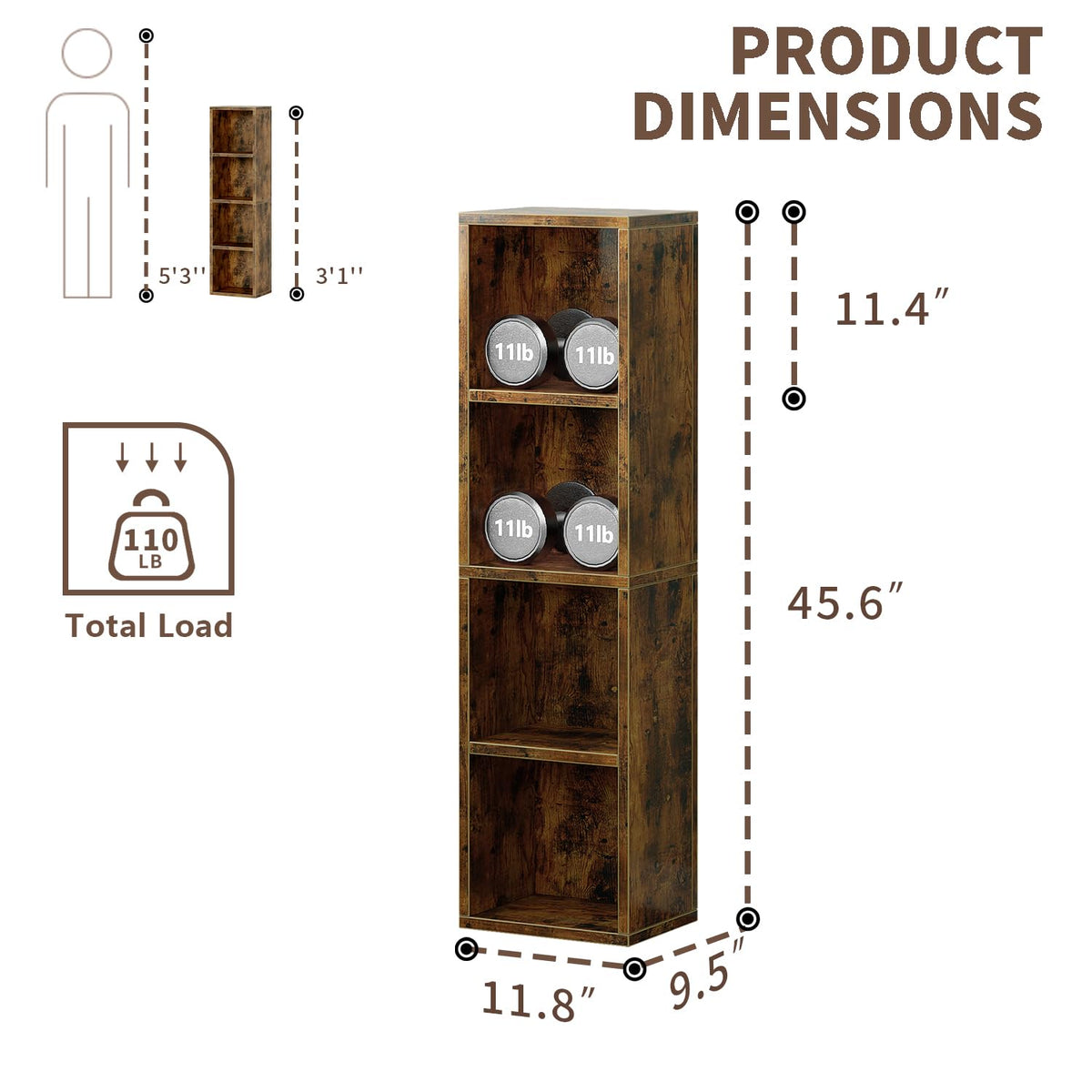 4-Tier Narrow Bookshelf, Tall Slim Cube Bookcase for Small Spaces