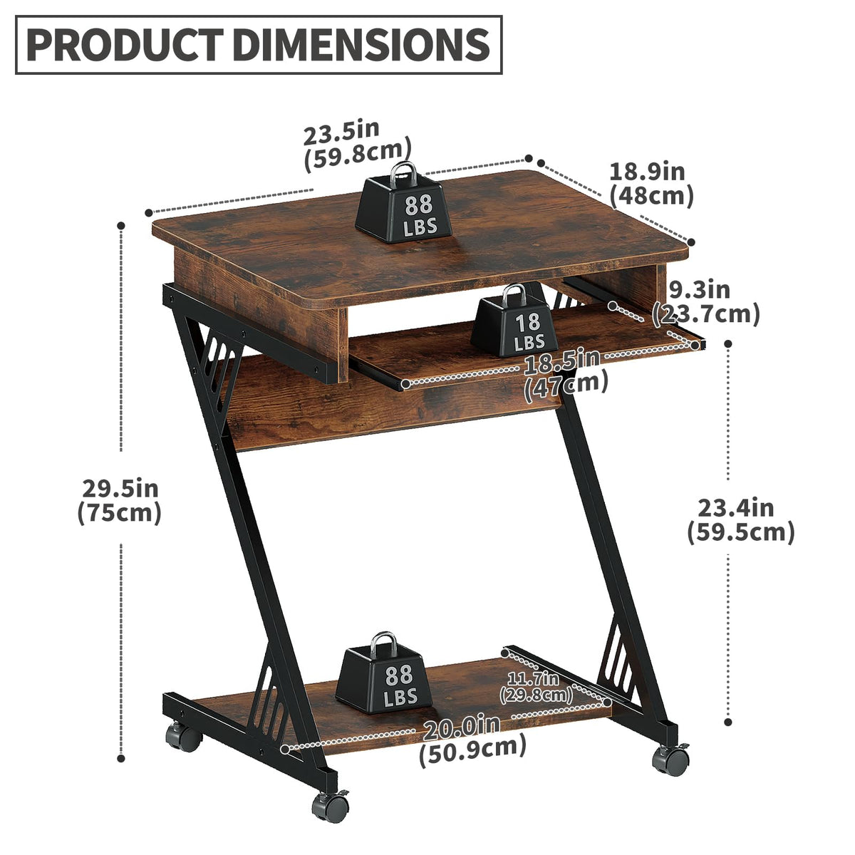 Rolling Computer Desk with Keyboard Tray and Storage Shelves