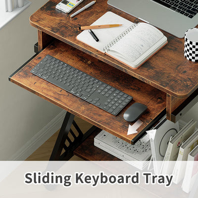 Rolling Computer Desk with Keyboard Tray and Storage Shelves