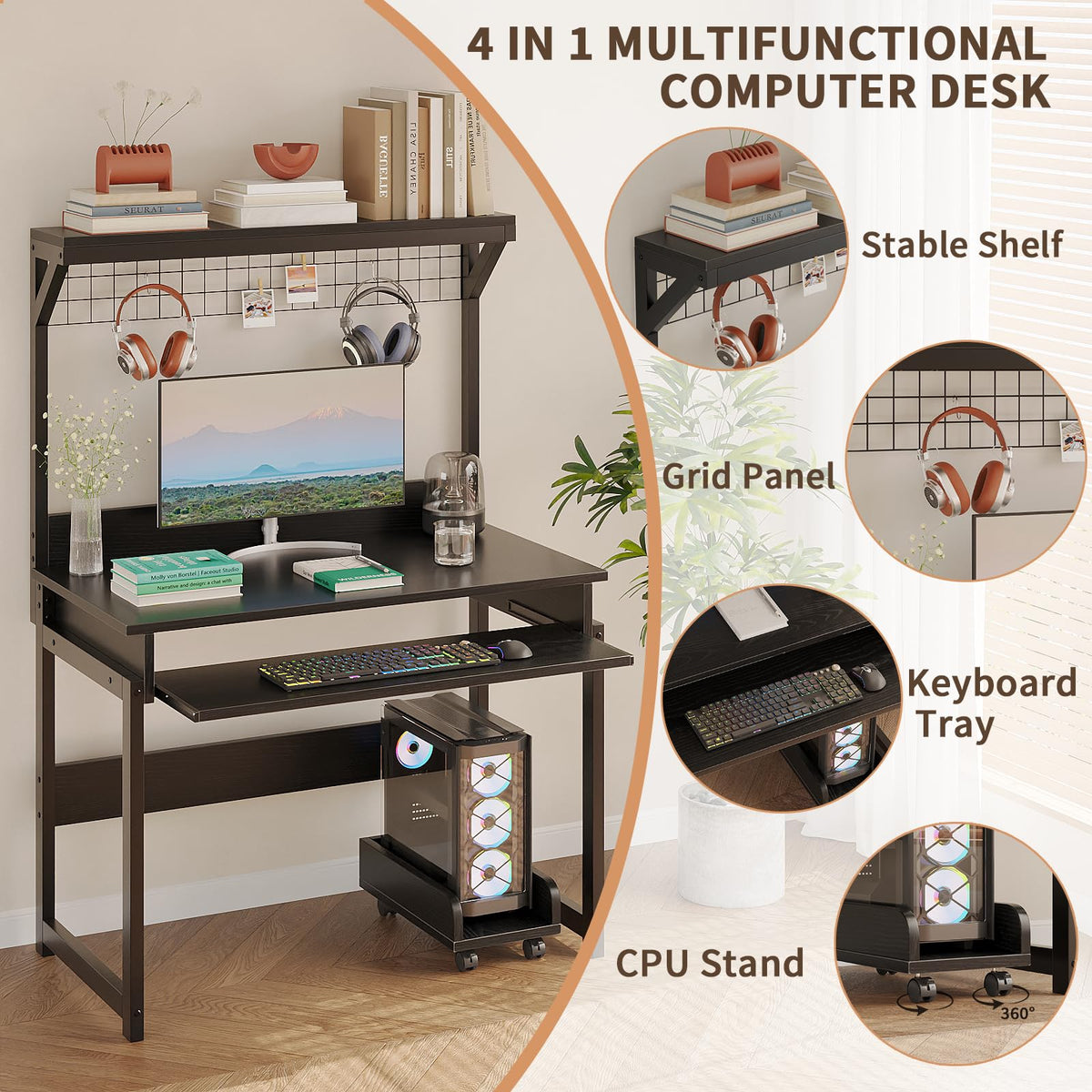 Compact Computer Desk with Hutch, Keyboard Tray and Storage Shelves