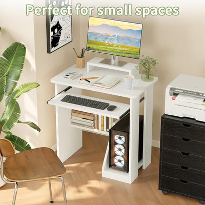 Compact Computer Desk with Monitor Stand, Keyboard Tray and Storage Shelves for Small Spaces