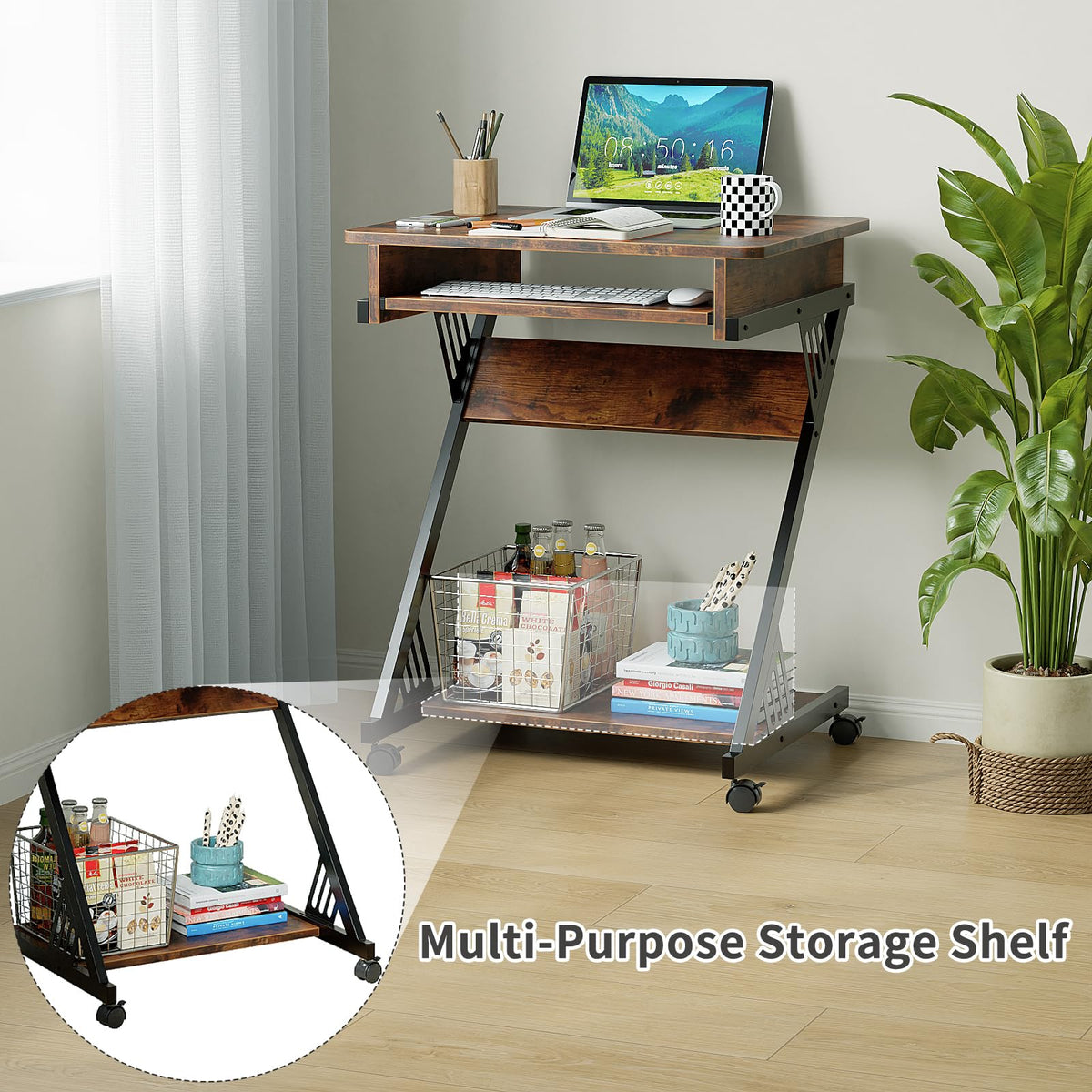 Rolling Computer Desk with Keyboard Tray and Storage Shelves