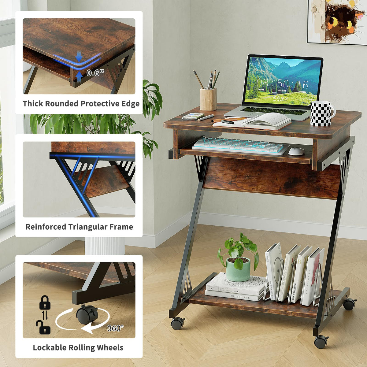 Rolling Computer Desk with Keyboard Tray and Storage Shelves