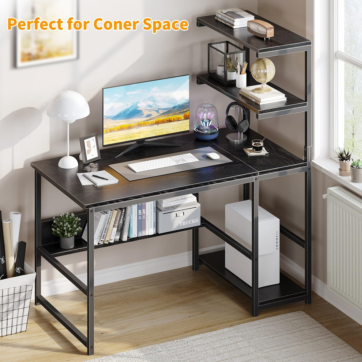 Computer Desk with 4-Tier Bookshelf for Home Office