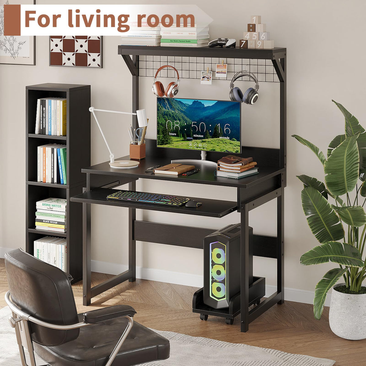 Compact Computer Desk with Hutch, Keyboard Tray and Storage Shelves