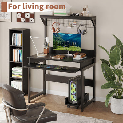 Compact Computer Desk with Hutch, Keyboard Tray and Storage Shelves
