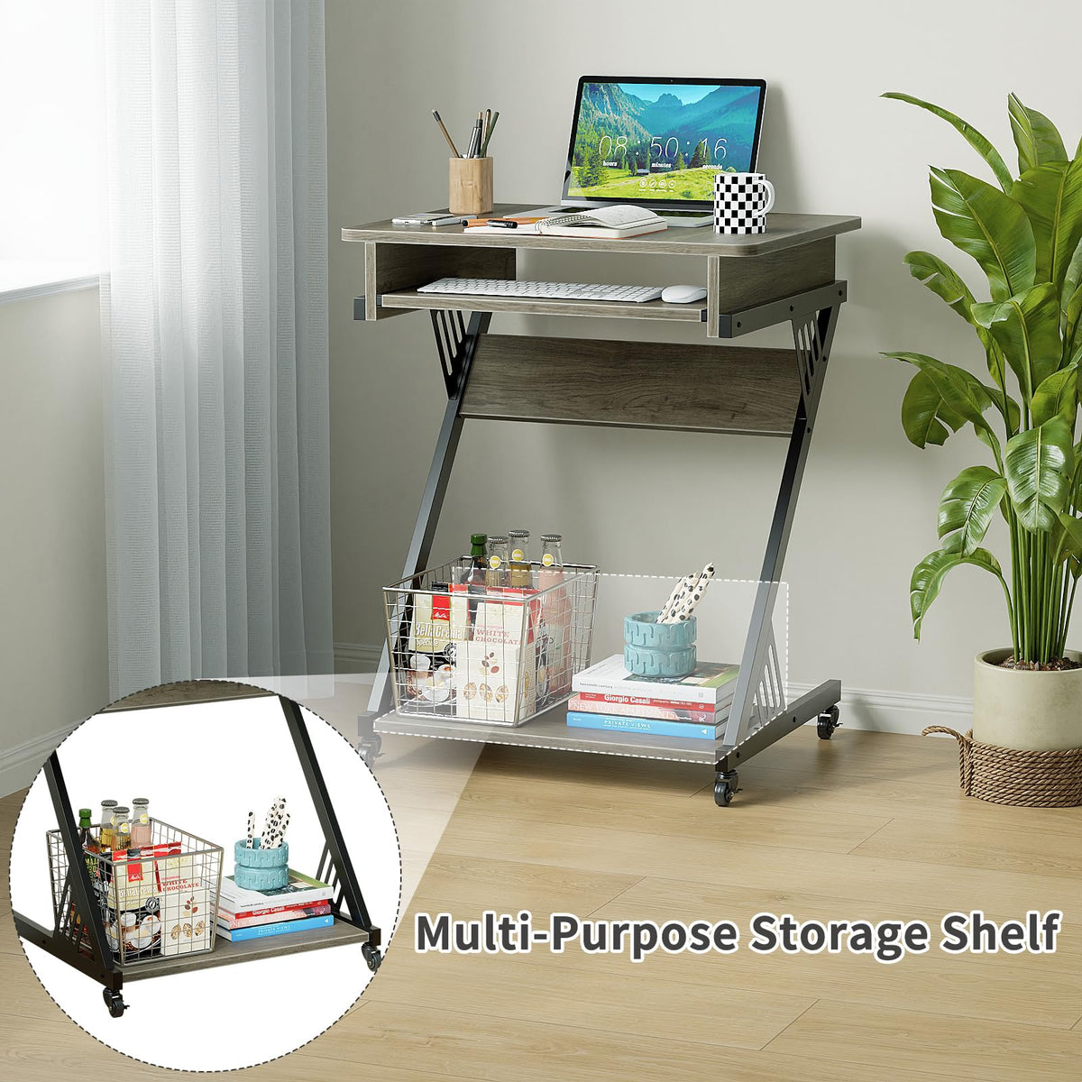 Rolling Computer Desk with Keyboard Tray and Storage Shelves