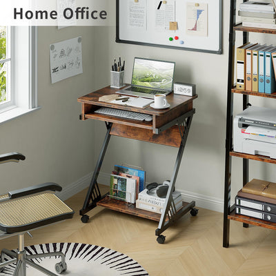Rolling Computer Desk with Keyboard Tray and Storage Shelves