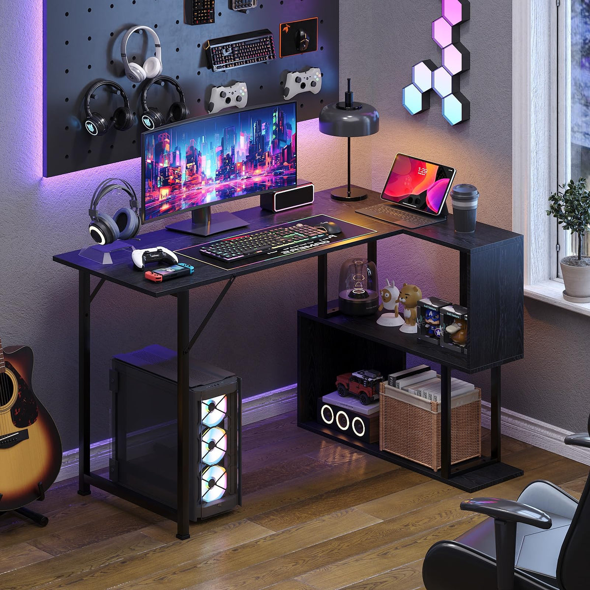 L-Shaped Computer Desk with Storage Shelves