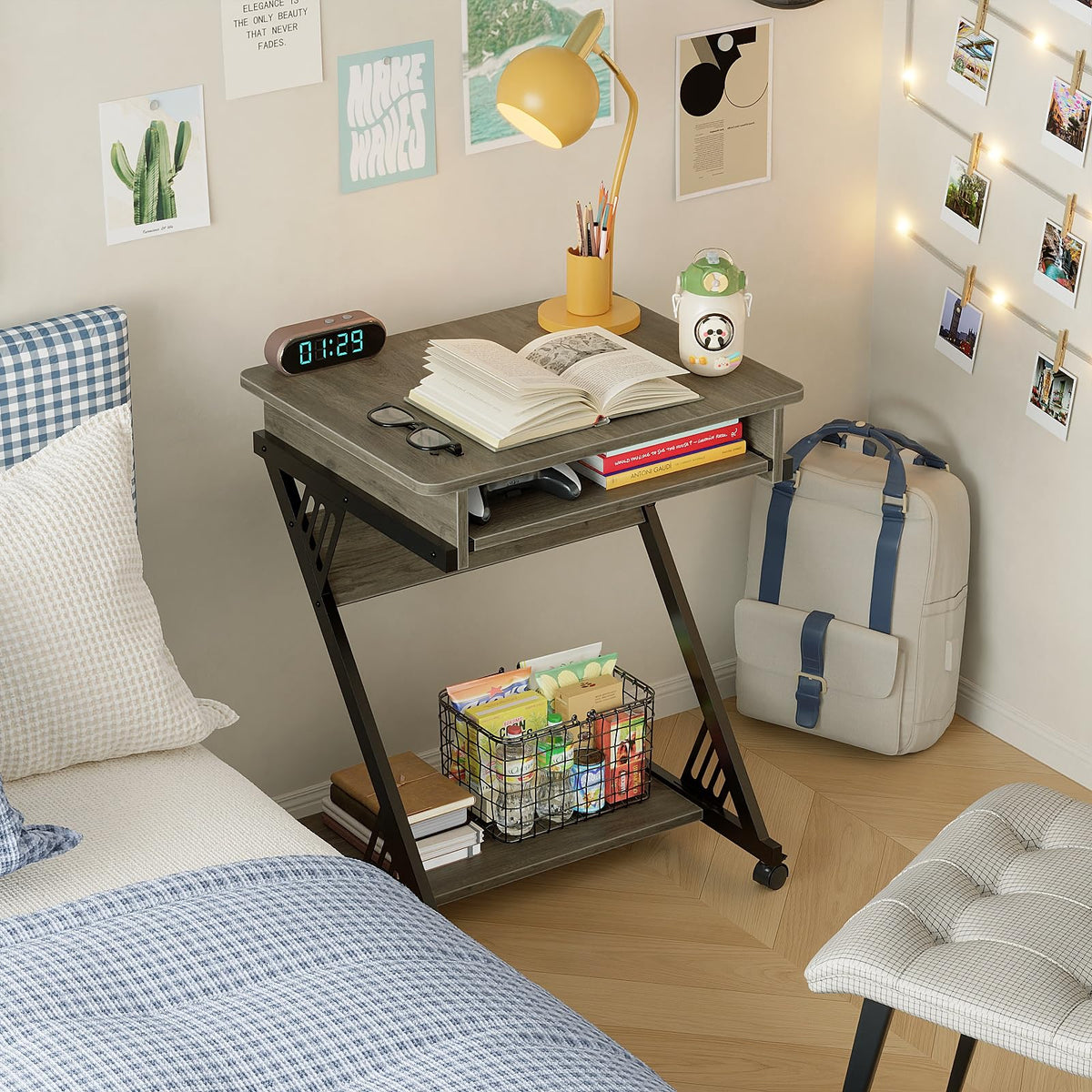 Rolling Computer Desk with Keyboard Tray and Storage Shelves