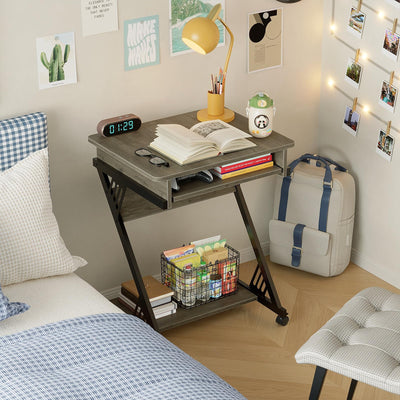 Rolling Computer Desk with Keyboard Tray and Storage Shelves