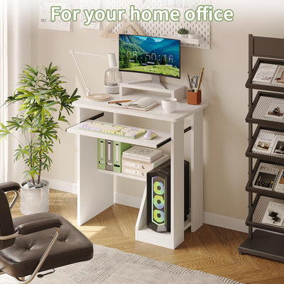 Compact Computer Desk with Monitor Stand, Keyboard Tray and Storage Shelves for Small Spaces