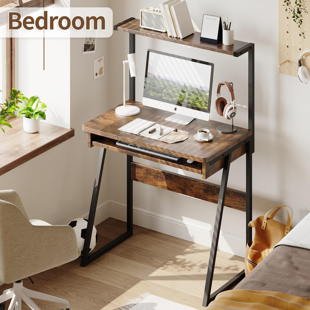 Industrial Computer Desk with Keyboard Tray and Storage Shelves
