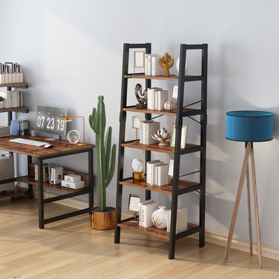 Industrial 5-Tier Bookshelf Wood Look Accent Metal Frame