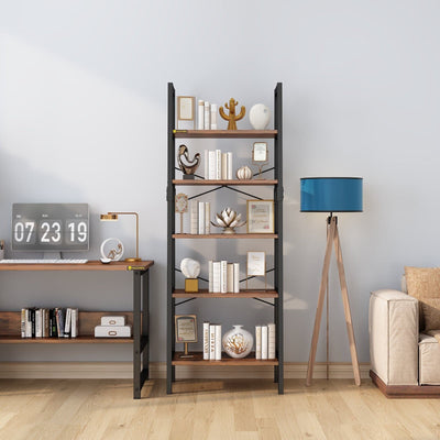 Industrial 5-Tier Bookshelf Wood Look Accent Metal Frame