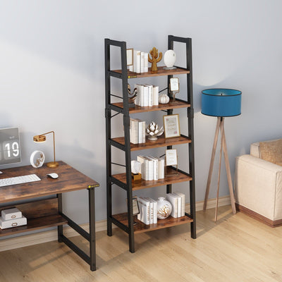 Industrial 5-Tier Bookshelf Wood Look Accent Metal Frame
