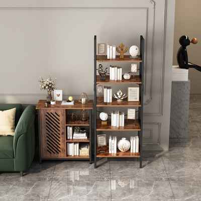 Industrial 5-Tier Bookshelf Wood Look Accent Metal Frame
