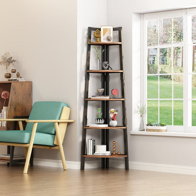 5-Tier Corner Bookshelf Storage Rack Shelves with Steel Frame