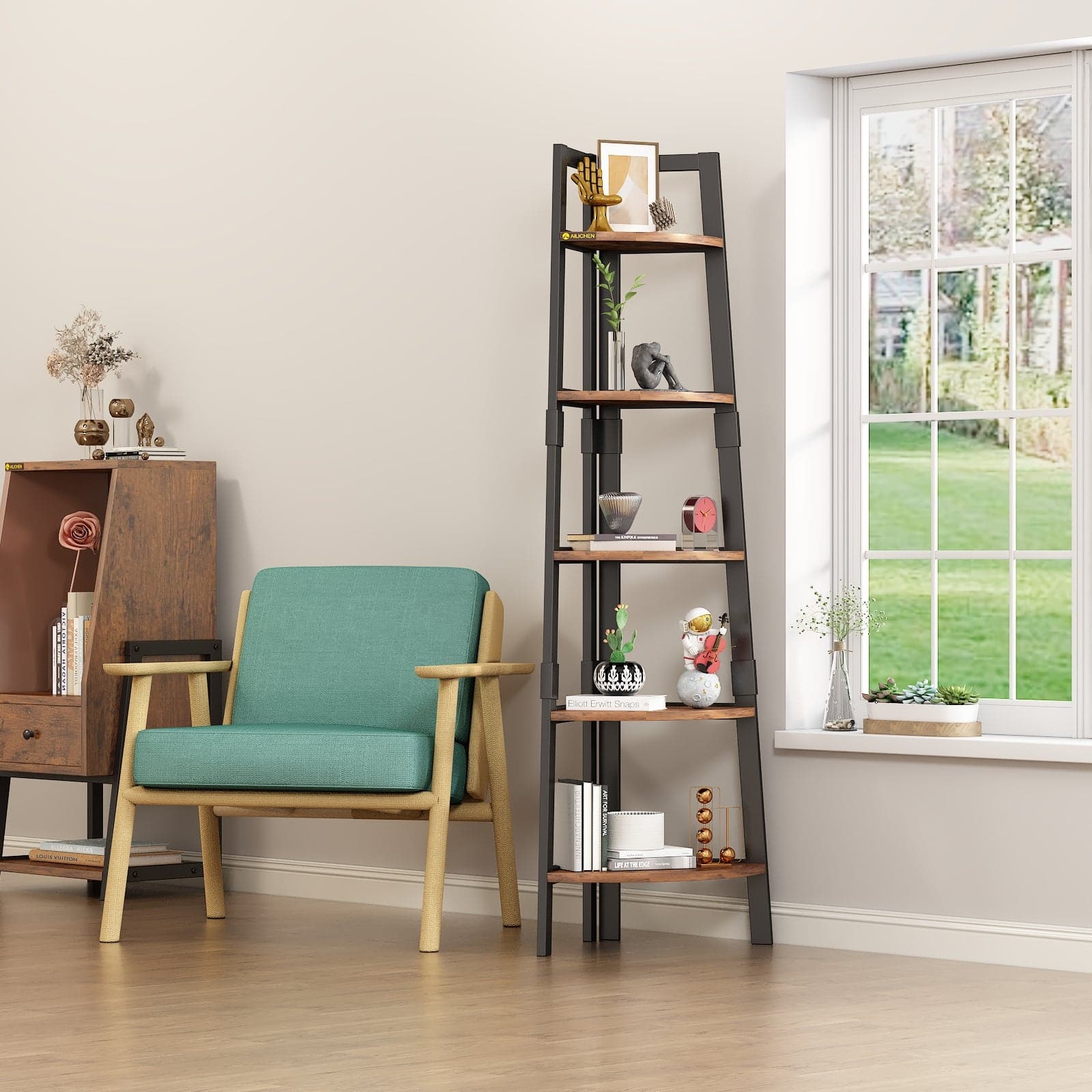 5-Tier Corner Bookshelf Storage Rack Shelves with Steel Frame