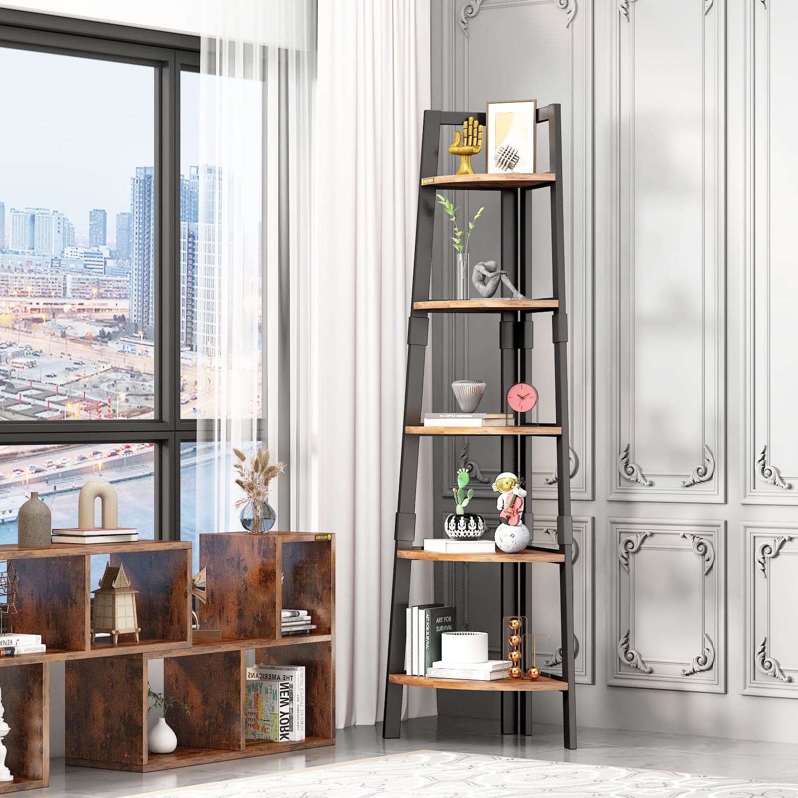 5-Tier Corner Bookshelf Storage Rack Shelves with Steel Frame