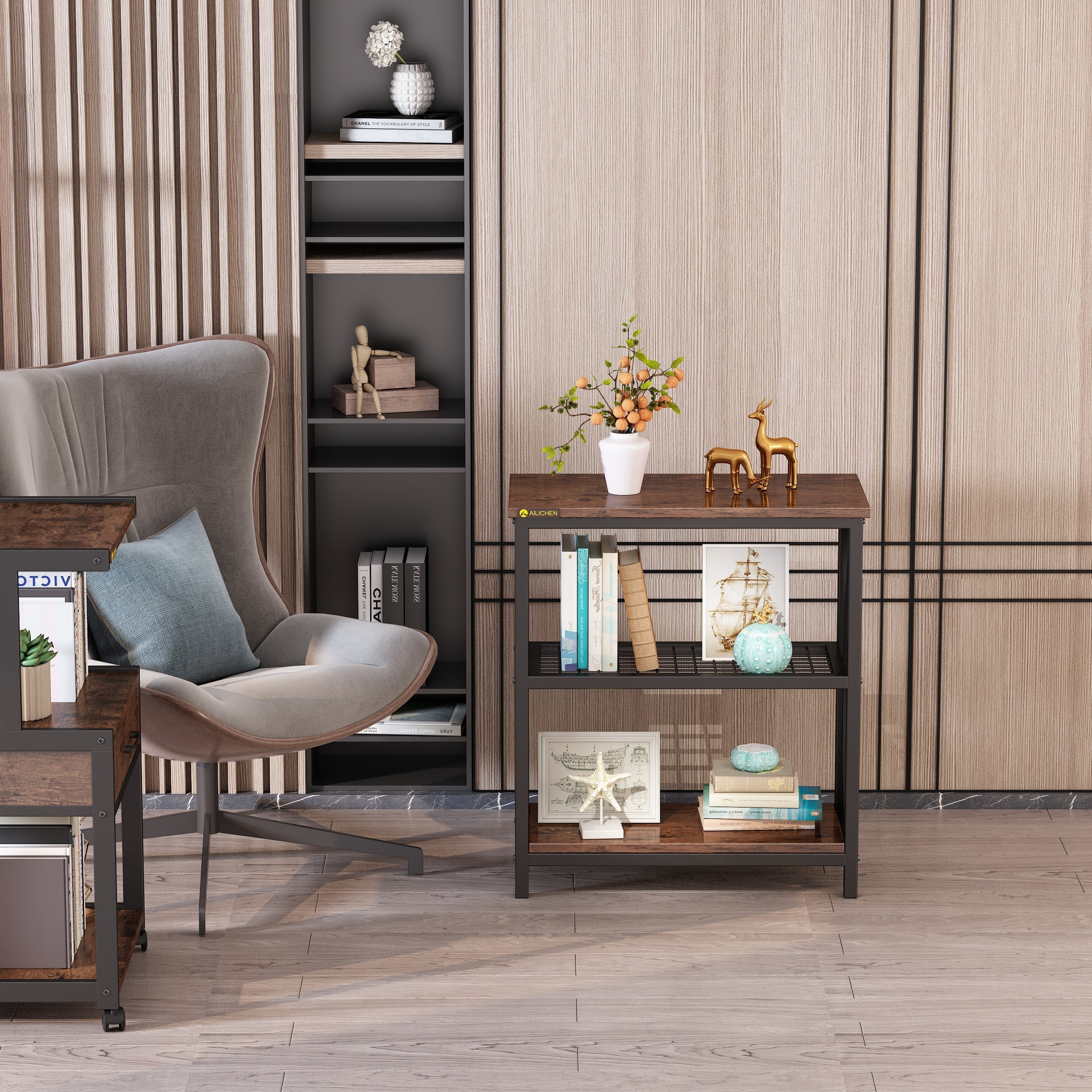 Display Rack 3-Tier Single French Oak Grey/ Black