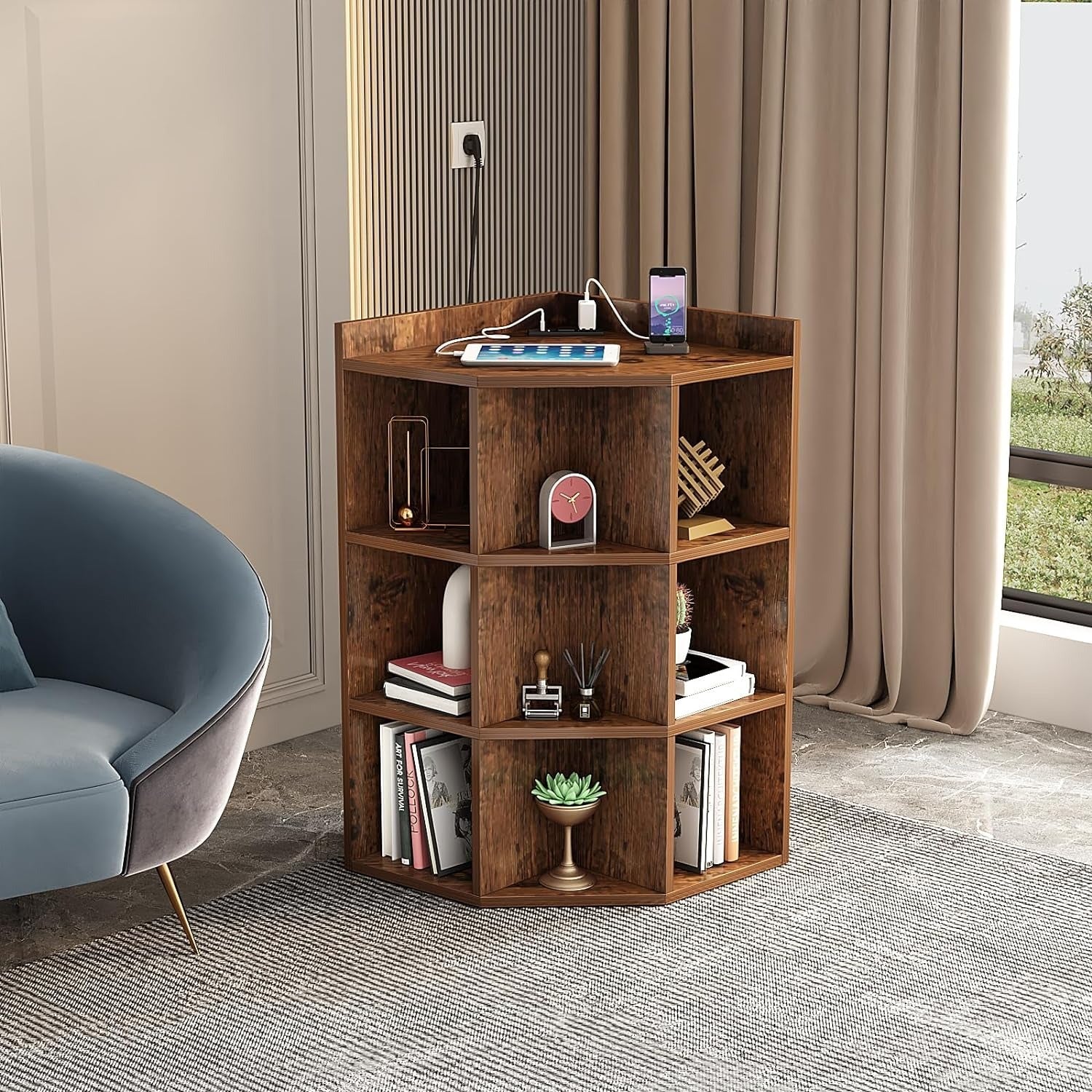 3-Tier Corner Cabinet with USB Ports and Outlet,Corner Storage Cabinet with 9 Cubes